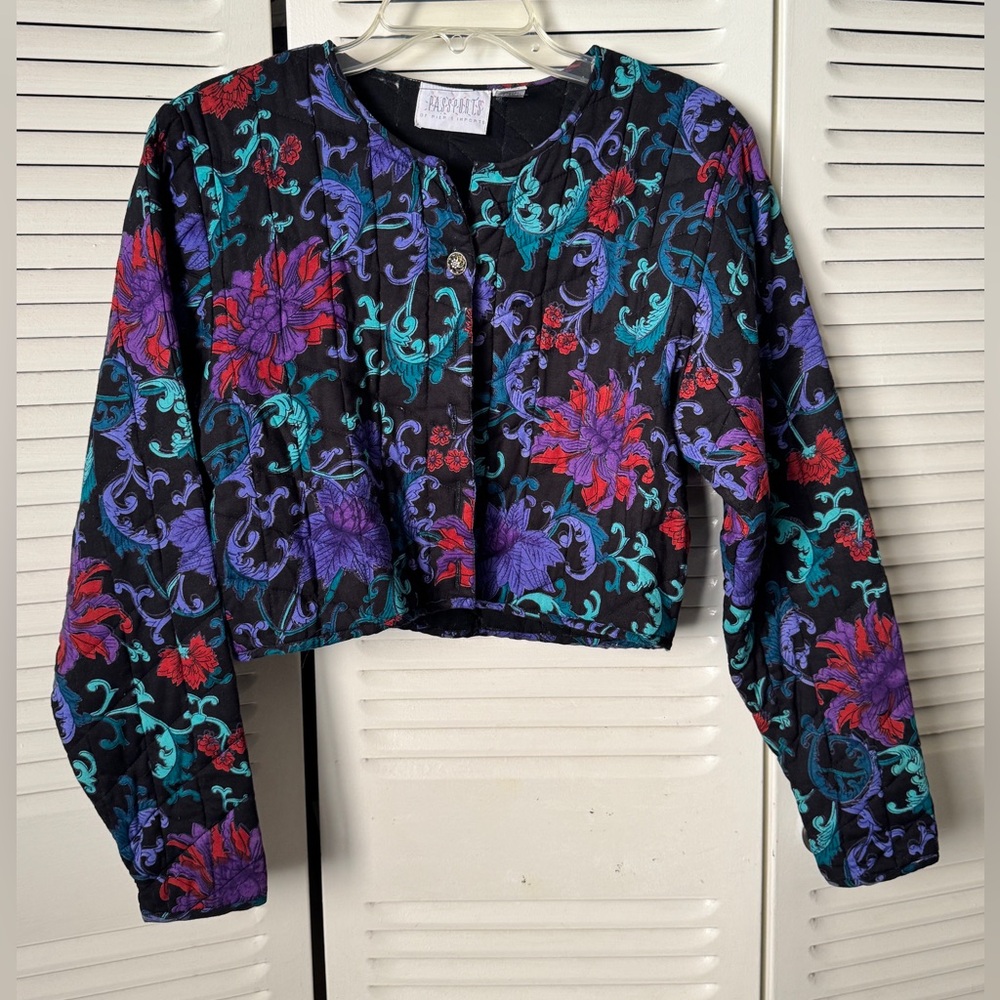 Vintage Quilted jacket by Passports by Pier 1 Imports crop black purple floral S